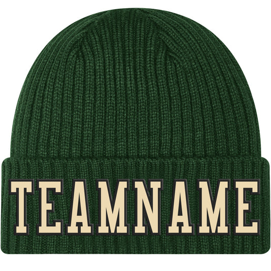 Custom Green Cream-Black Stitched Cuffed Knit Hat - Main View