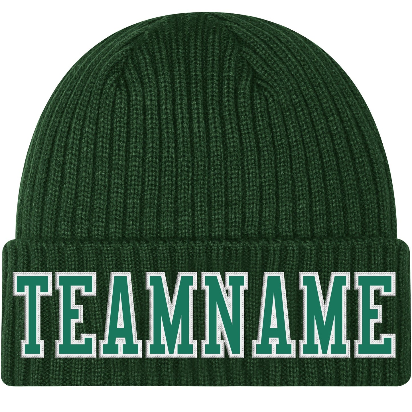 Custom Green Kelly Green-White Stitched Cuffed Knit Hat - Main View