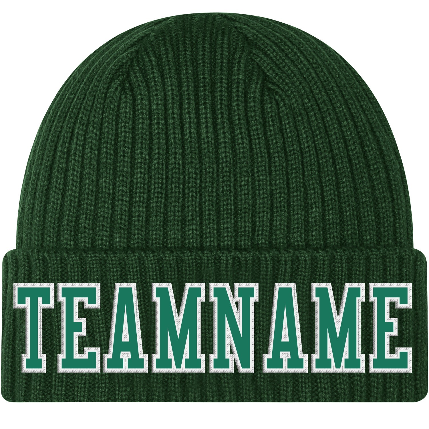 Custom Green Kelly Green-White Stitched Cuffed Knit Hat - Main View