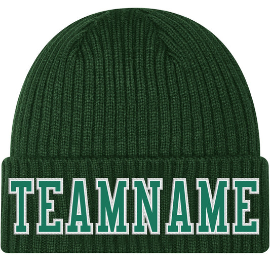 Custom Green Kelly Green-White Stitched Cuffed Knit Hat - Main View