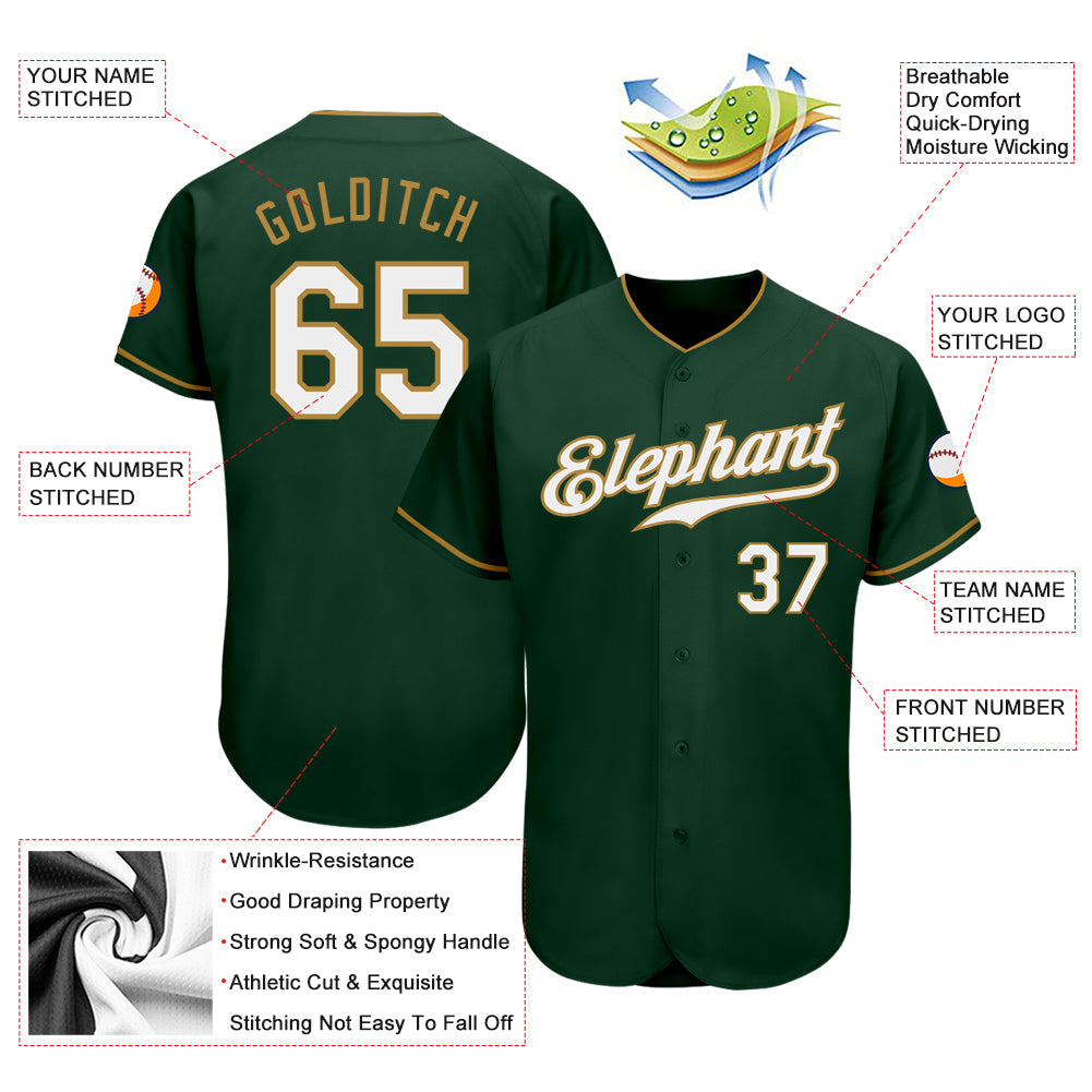 Custom Green White-Old Gold Authentic Baseball Jersey view 3