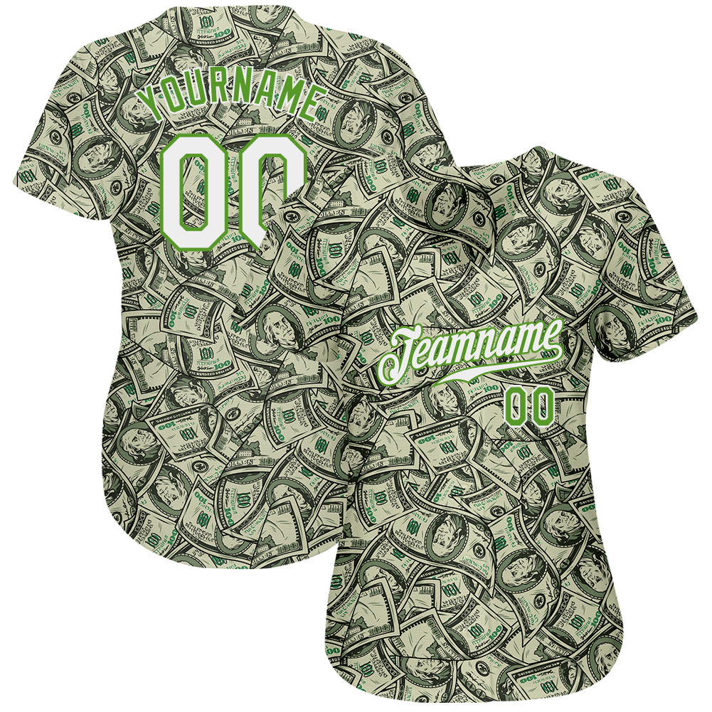 Custom Green White-Neon Green 3D Pattern Design Dollar Authentic Baseball Jersey view 2