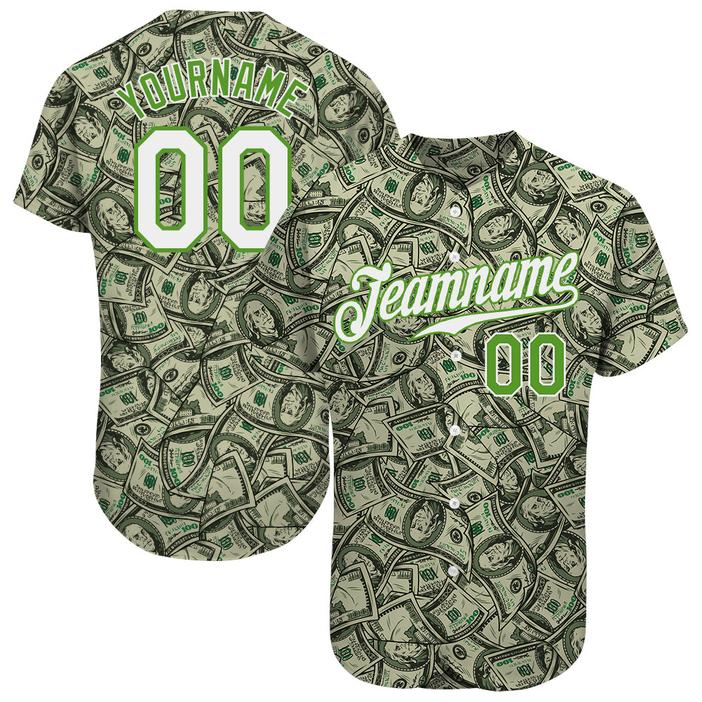 Custom Green White-Neon Green 3D Pattern Design Dollar Authentic Baseball Jersey - Main View