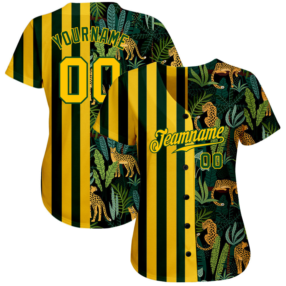 Custom Green Gold-Black 3D Pattern Design Leopards And Tropical Palm Leaves Authentic Baseball Jersey view 2
