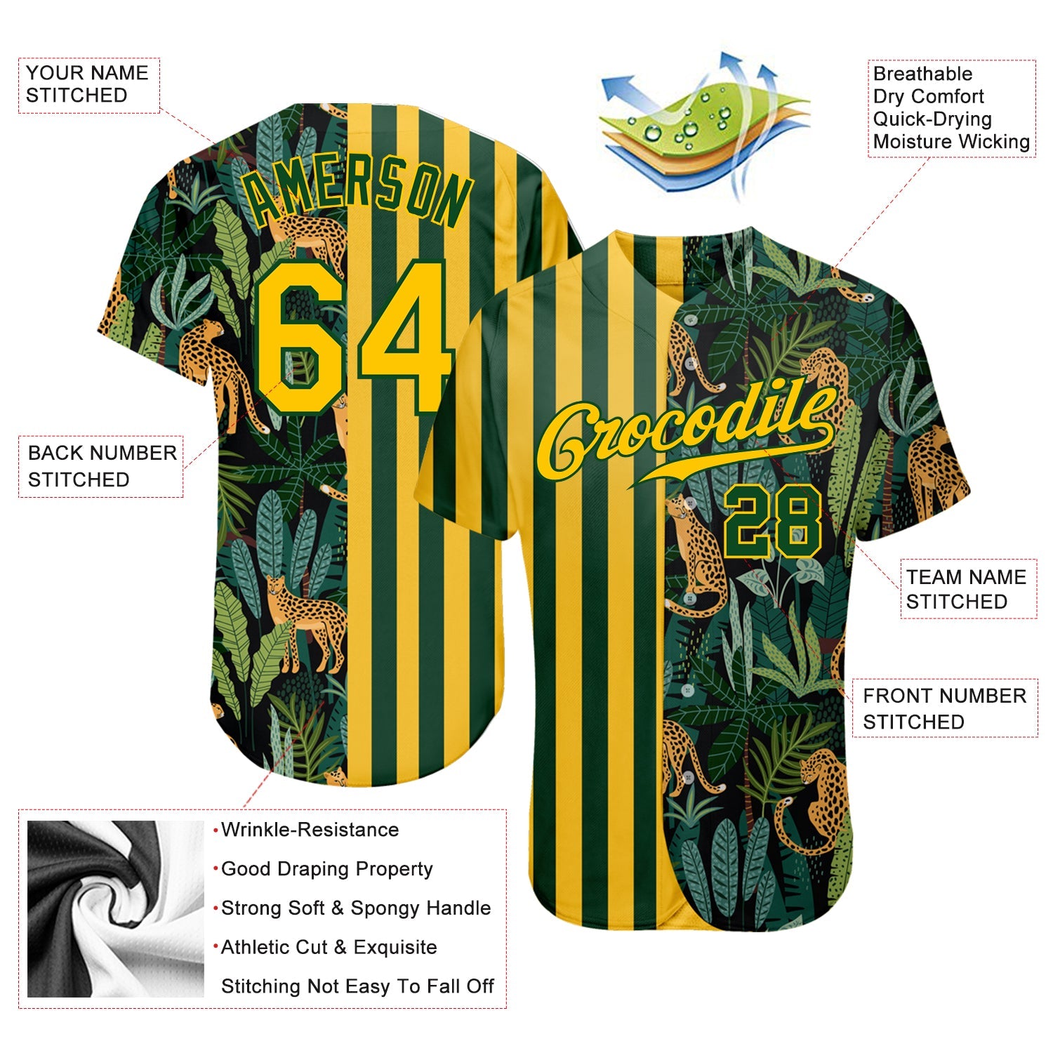Custom Green Gold-Black 3D Pattern Design Leopards And Tropical Palm Leaves Authentic Baseball Jersey view 3