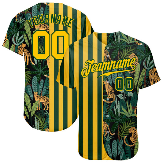 Custom Green Gold-Black 3D Pattern Design Leopards And Tropical Palm Leaves Authentic Baseball Jersey - Main View