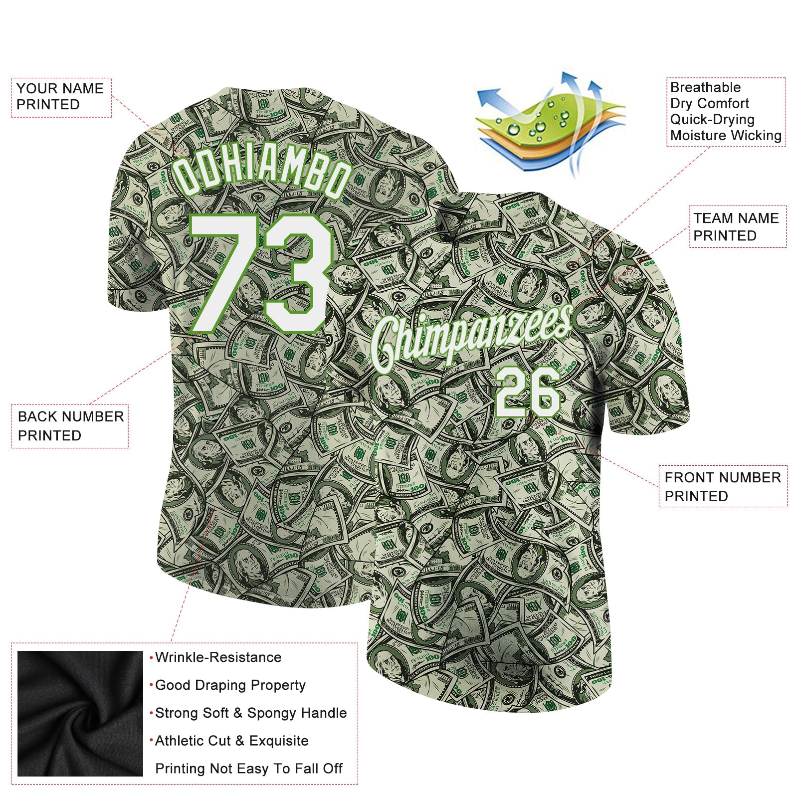 Custom Green White-Neon Green 3D Pattern Design Dollar Performance T-Shirt view 2