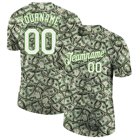 Custom Green White-Neon Green 3D Pattern Design Dollar Performance T-Shirt - Main View