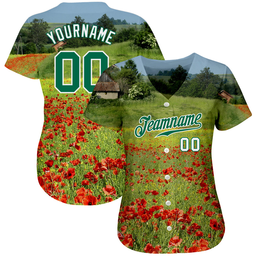 Custom Green Kelly Green-White 3D Pattern Design Flowers Authentic Baseball Jersey view 2