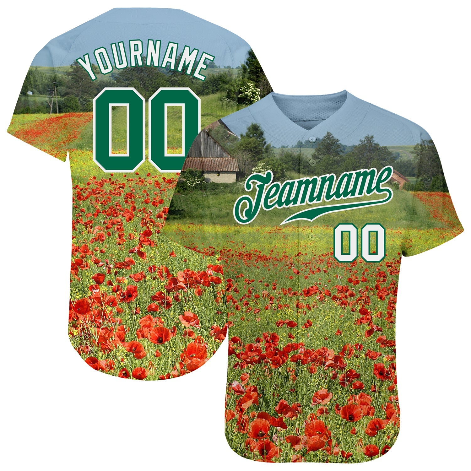 Custom Green Kelly Green-White 3D Pattern Design Flowers Authentic Baseball Jersey - Main View