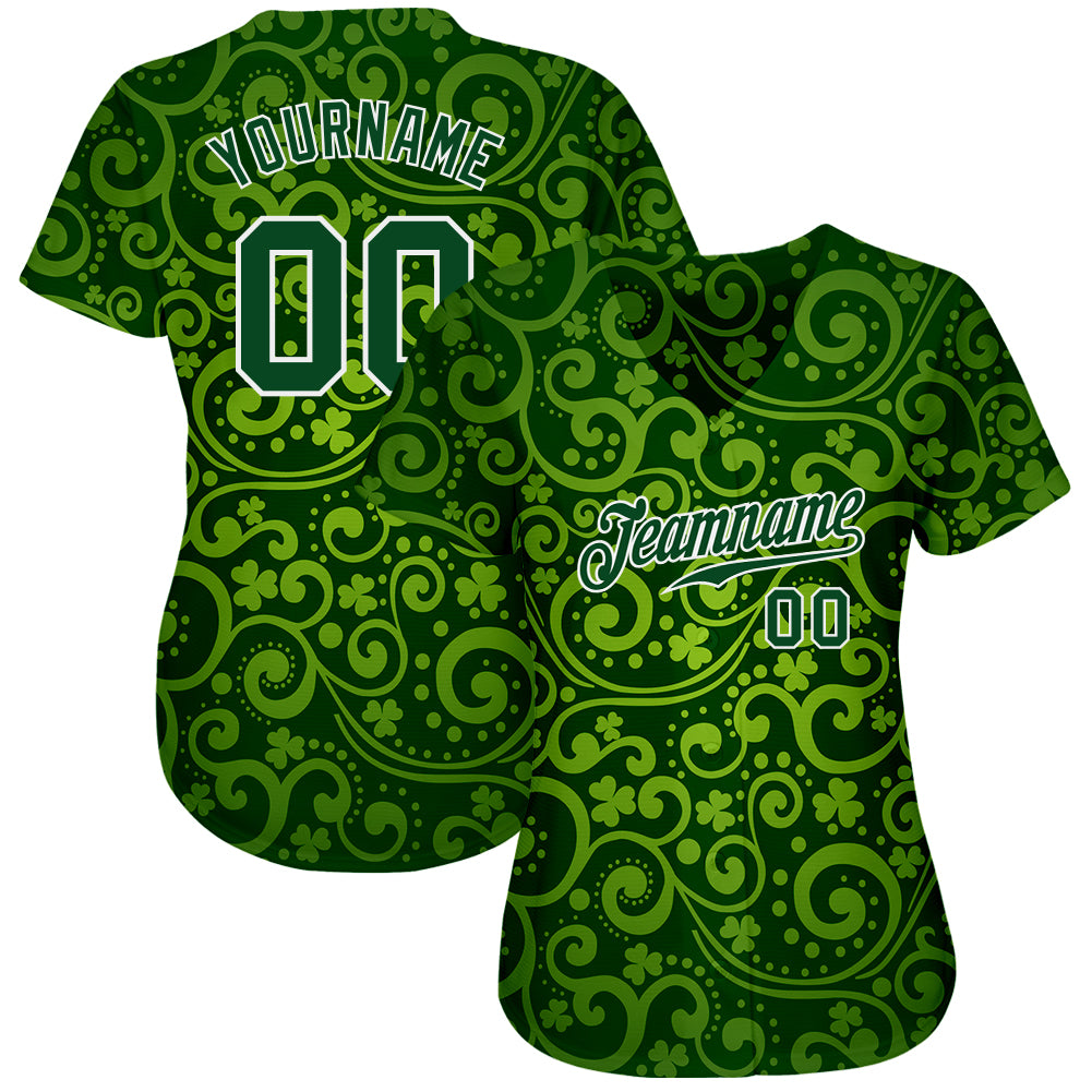 Custom Green Green-White 3D Pattern Design Authentic St. Patrick's Day Baseball Jersey view 2