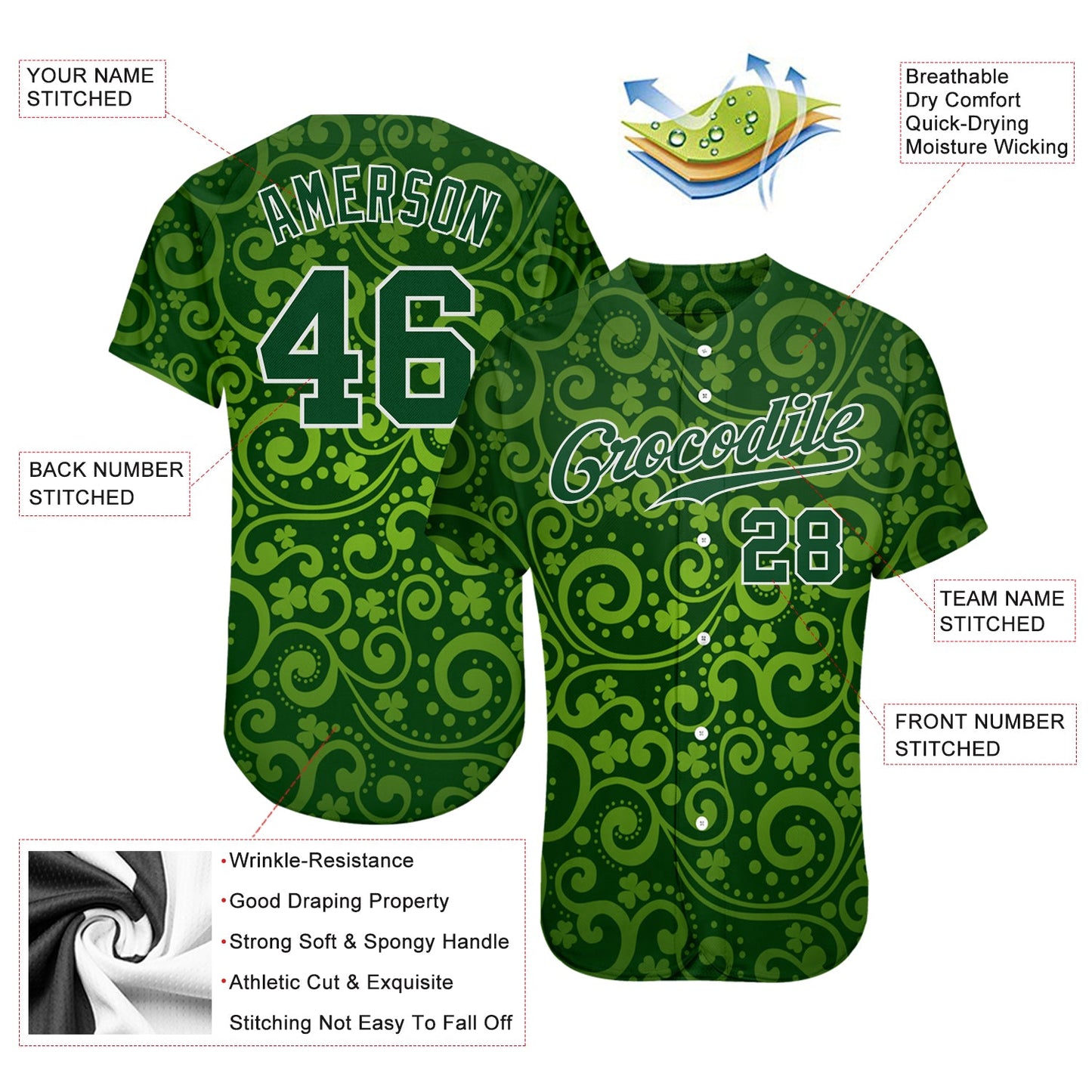 Custom Green Green-White 3D Pattern Design Authentic St. Patrick's Day Baseball Jersey view 3