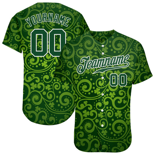 Custom Green Green-White 3D Pattern Design Authentic St. Patrick's Day Baseball Jersey - Main View