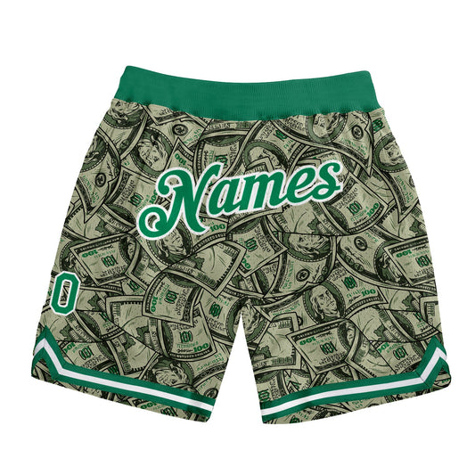 Custom Green Kelly Green-White 3D Pattern Design Dollar Authentic Basketball Shorts - Main View