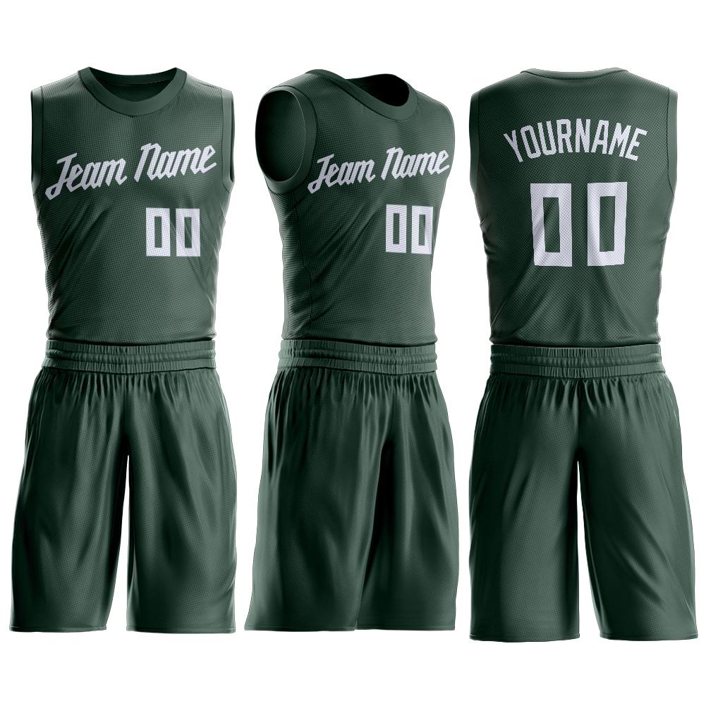Custom Hunter Green White Round Neck Basketball Uniform Jersey view 2