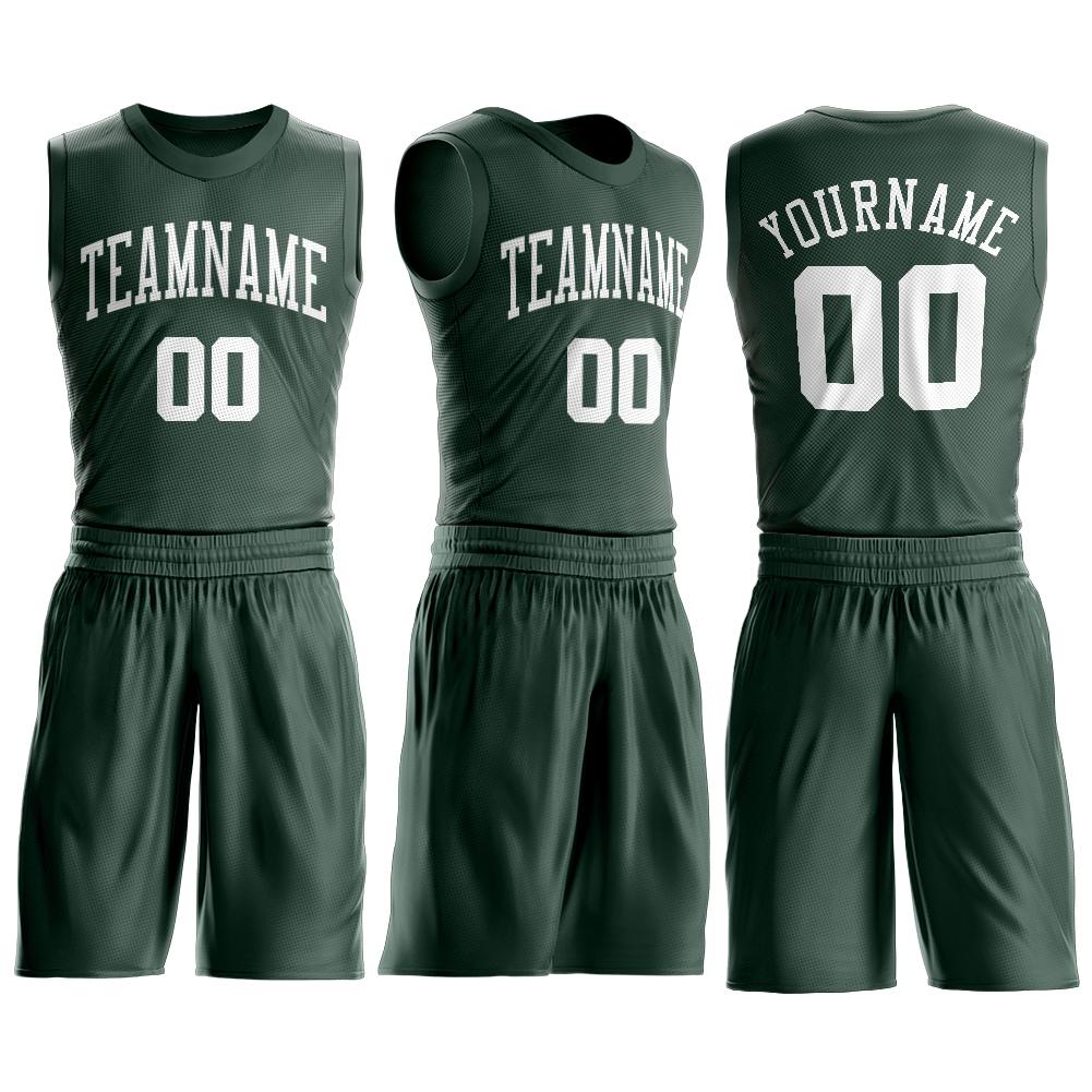 Custom Hunter Green White Round Neck Basketball Uniform Jersey view 2