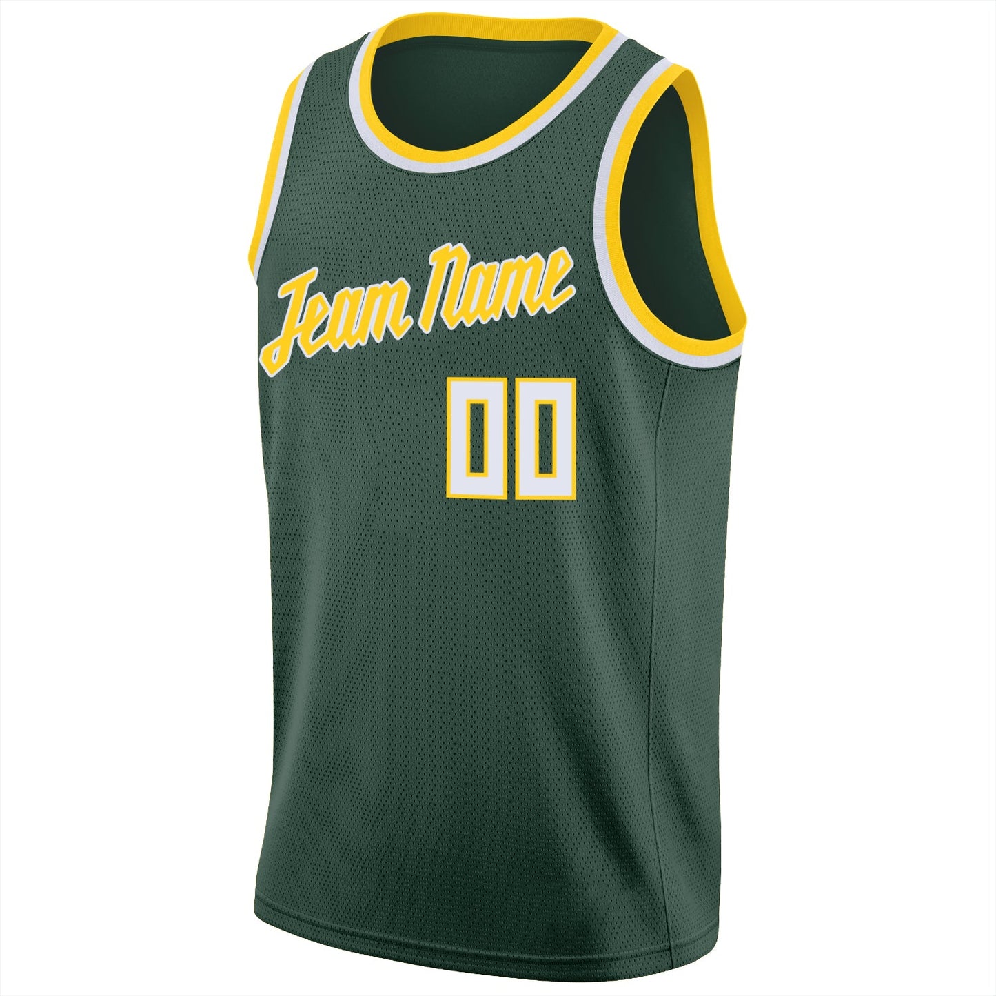 Custom Hunter Green White-Gold Round Neck Rib-Knit Basketball Jersey view 5