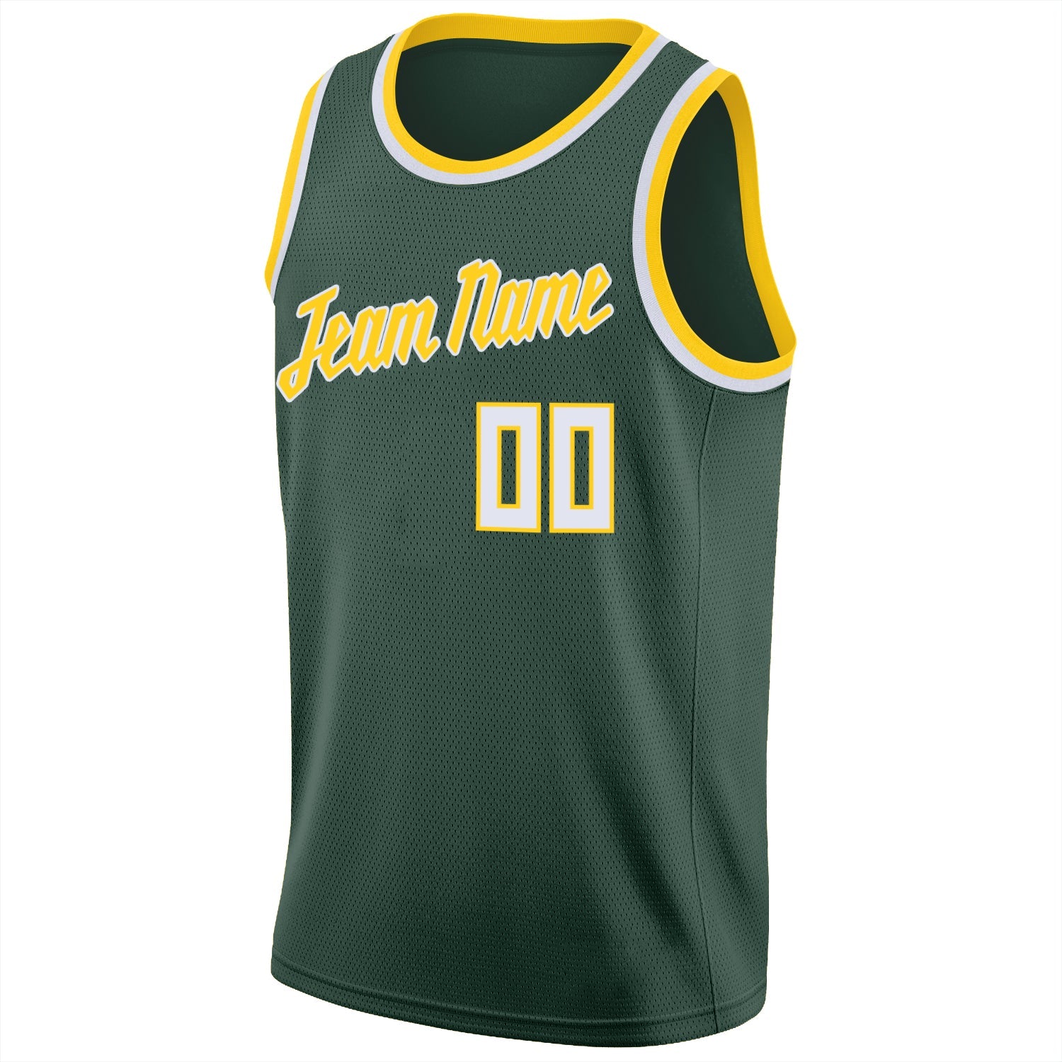 Custom Hunter Green White-Gold Round Neck Rib-Knit Basketball Jersey view 5