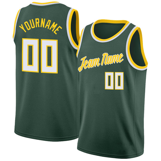 Custom Hunter Green White-Gold Round Neck Rib-Knit Basketball Jersey - Main View