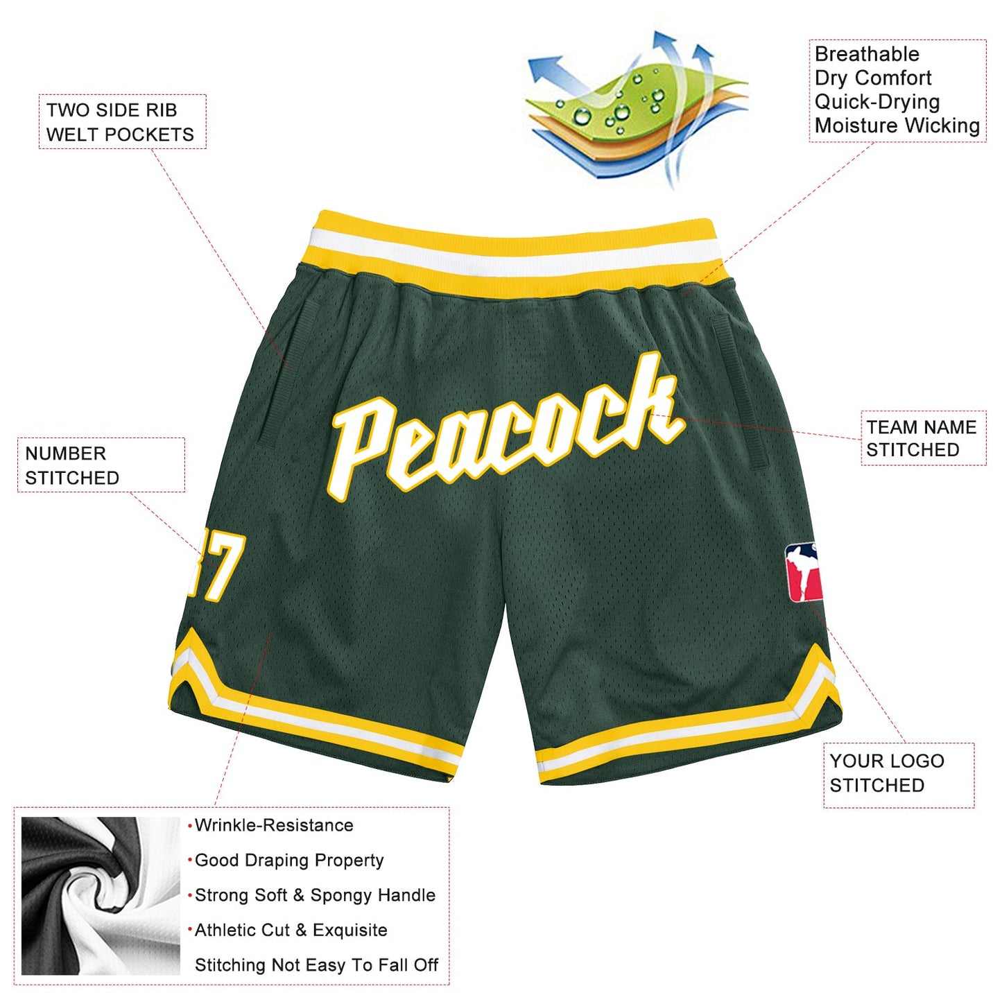 Custom Hunter Green White-Gold Authentic Throwback Basketball Shorts view 2