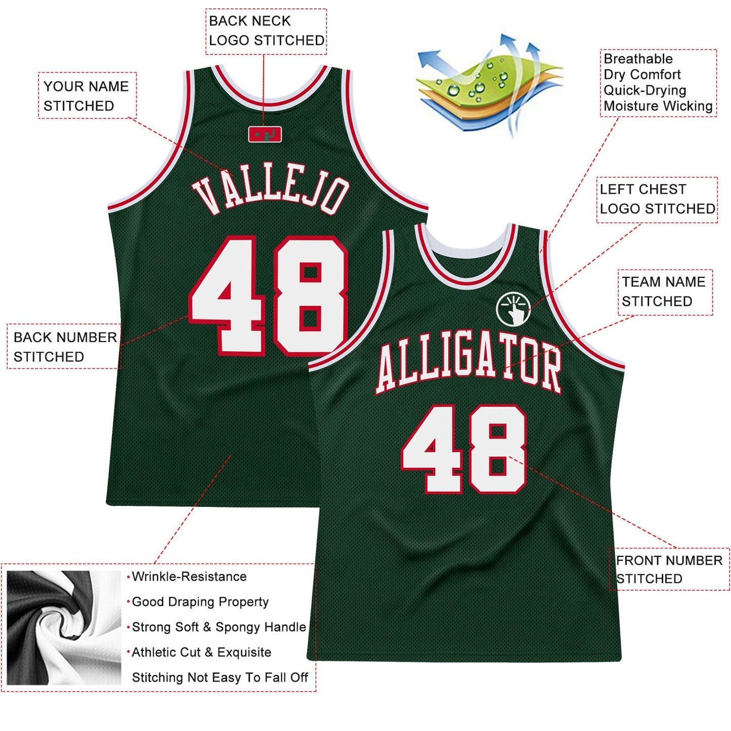 Custom Hunter Green White-Red Authentic Throwback Basketball Jersey view 2