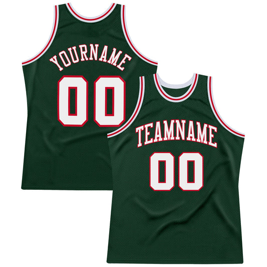 Custom Hunter Green White-Red Authentic Throwback Basketball Jersey - Main View