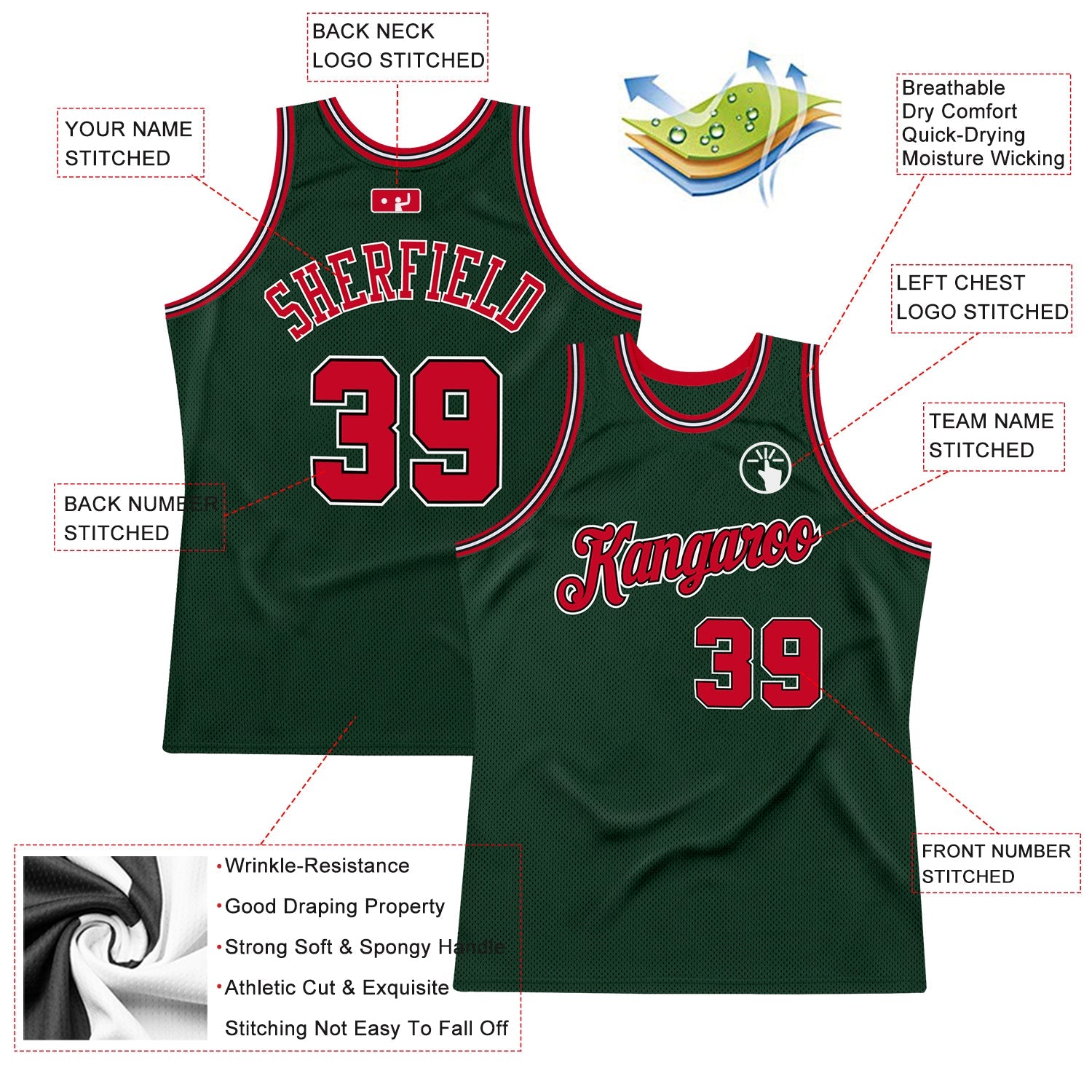 Custom Hunter Green Red-Black Authentic Throwback Basketball Jersey view 2