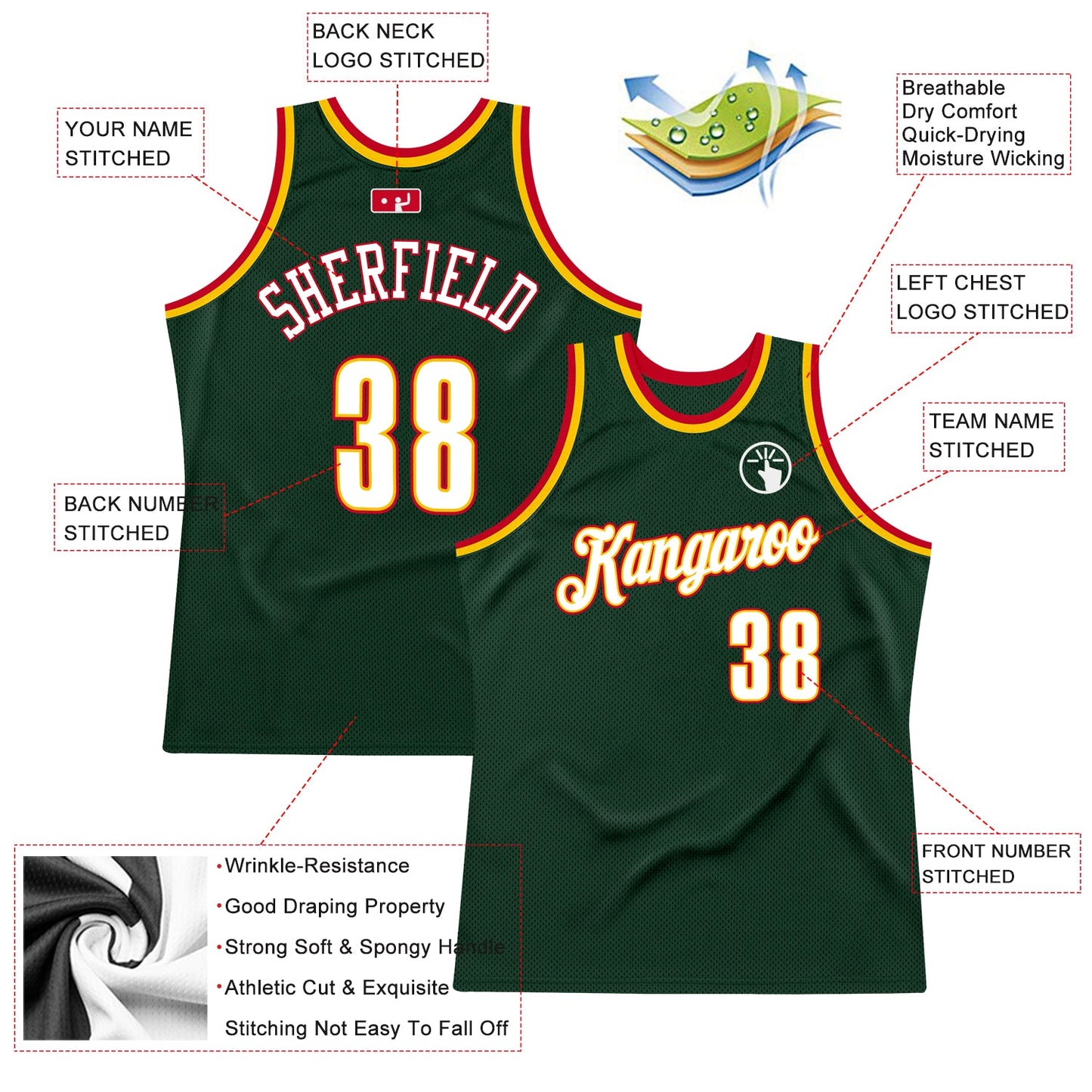Custom Hunter Green White-Red Authentic Throwback Basketball Jersey view 2