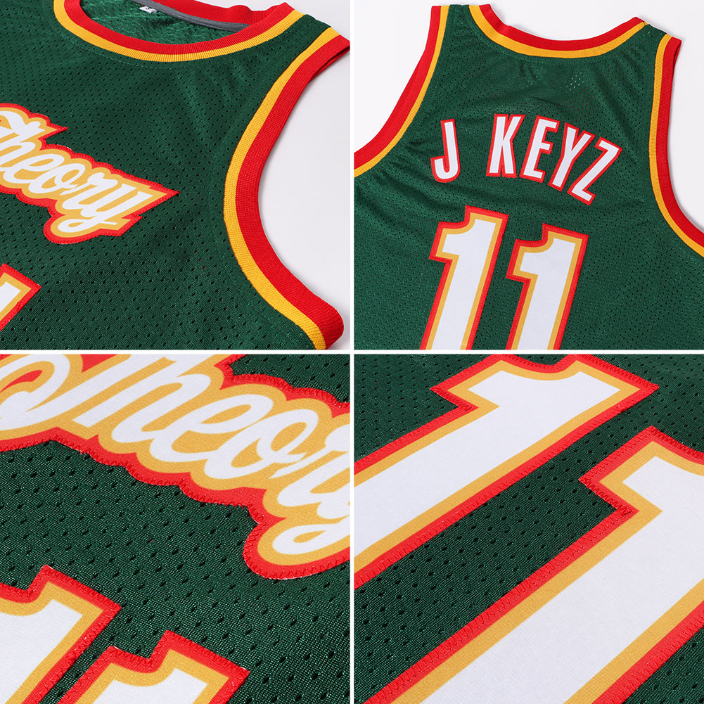 Custom Hunter Green White-Red Authentic Throwback Basketball Jersey view 5