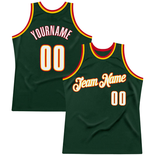 Custom Hunter Green White-Red Authentic Throwback Basketball Jersey - Main View