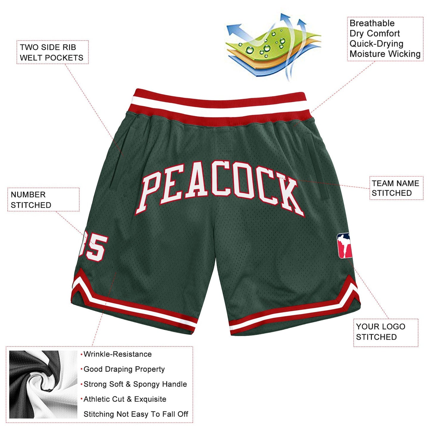Custom Hunter Green White-Red Authentic Throwback Basketball Shorts view 2