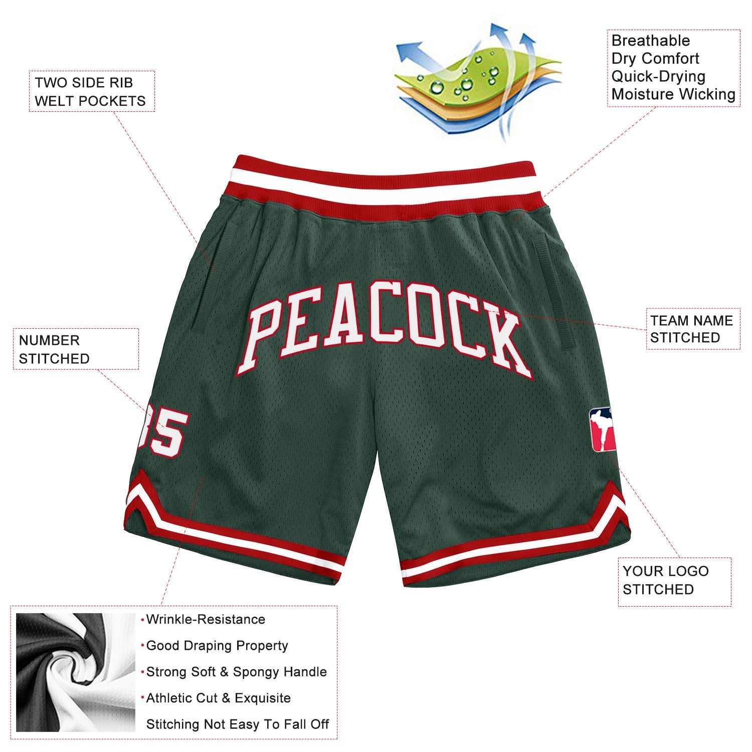 Custom Hunter Green White-Red Authentic Throwback Basketball Shorts view 2