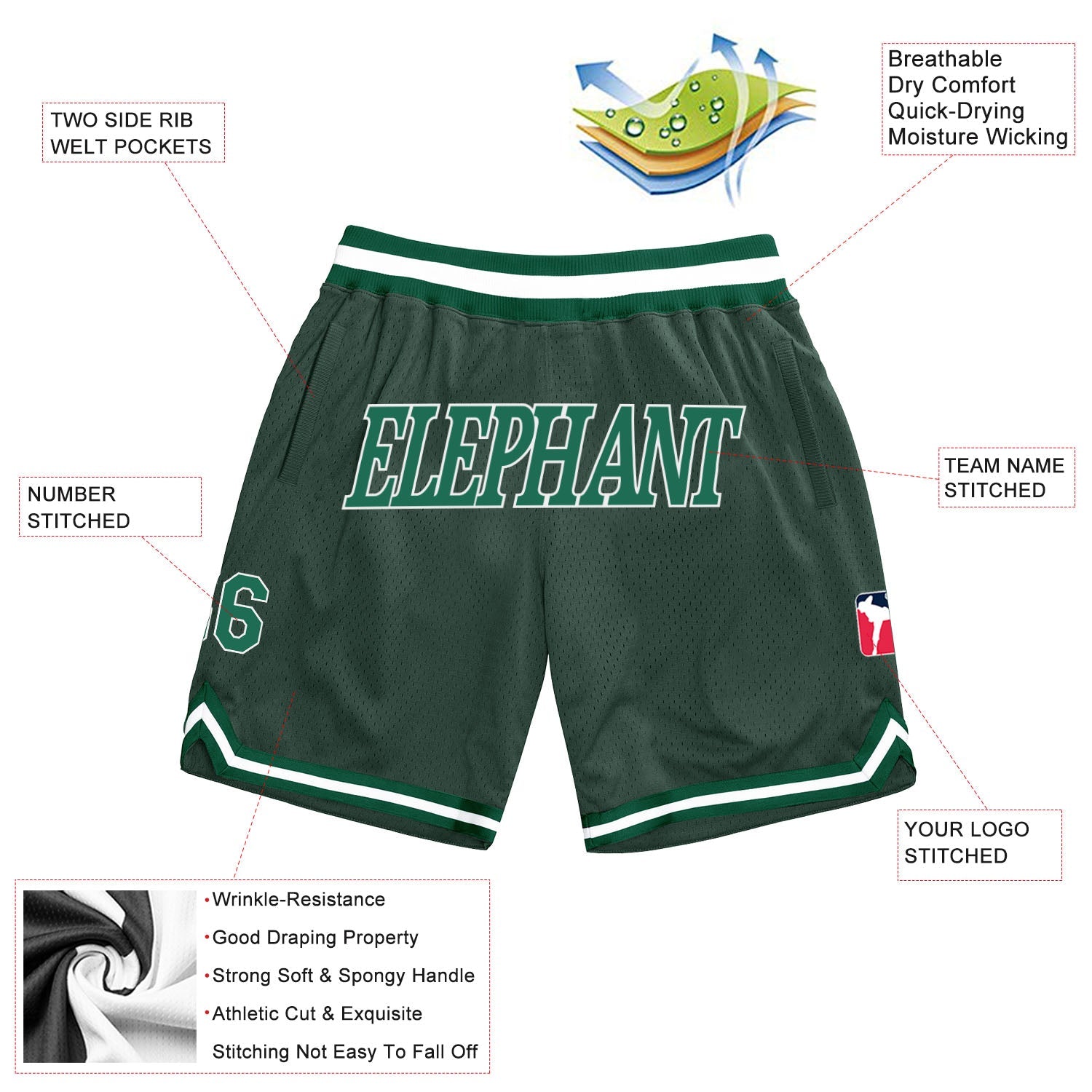 Custom Hunter Green Kelly Green-White Authentic Throwback Basketball Shorts view 2