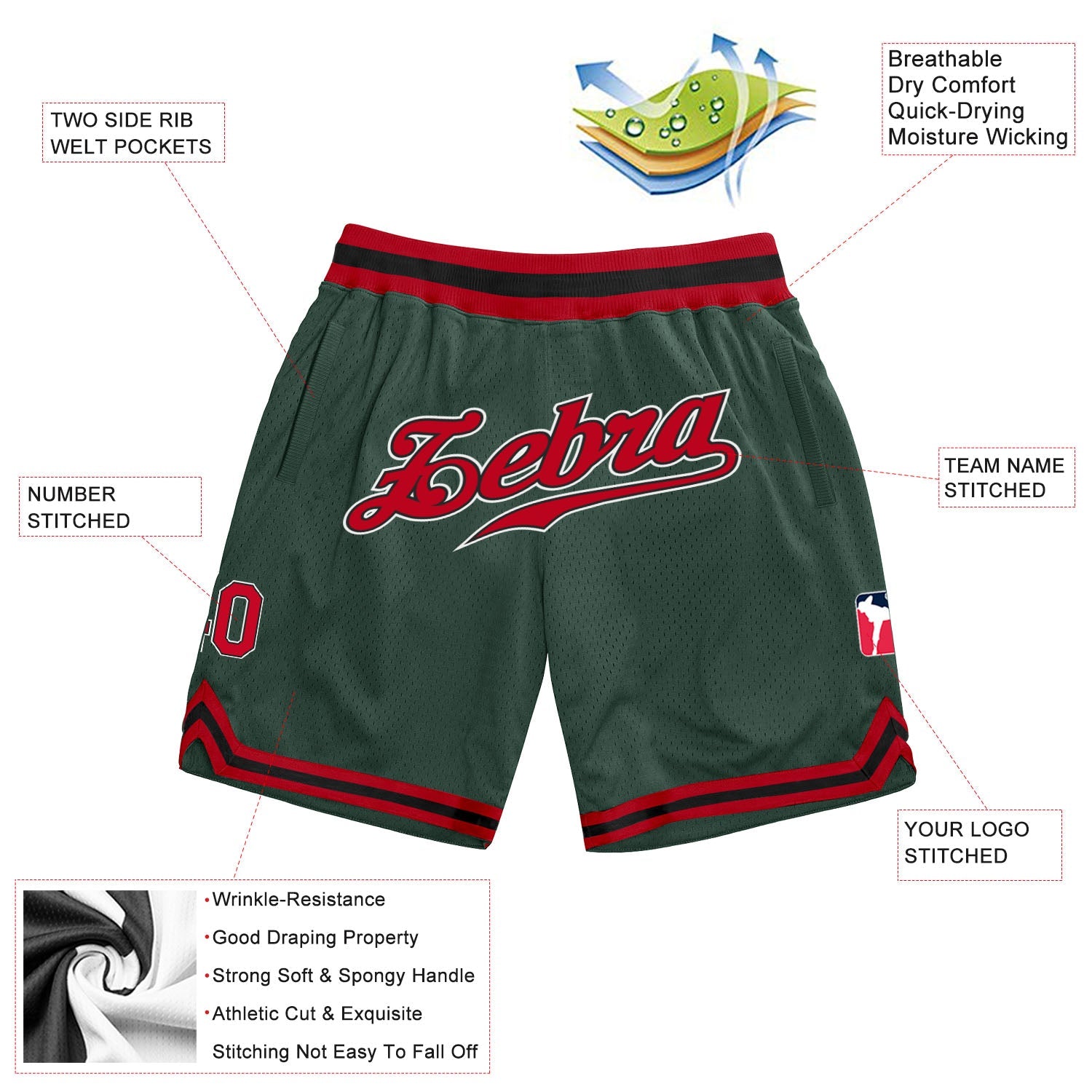 Custom Hunter Green Red-Black Authentic Throwback Basketball Shorts view 2