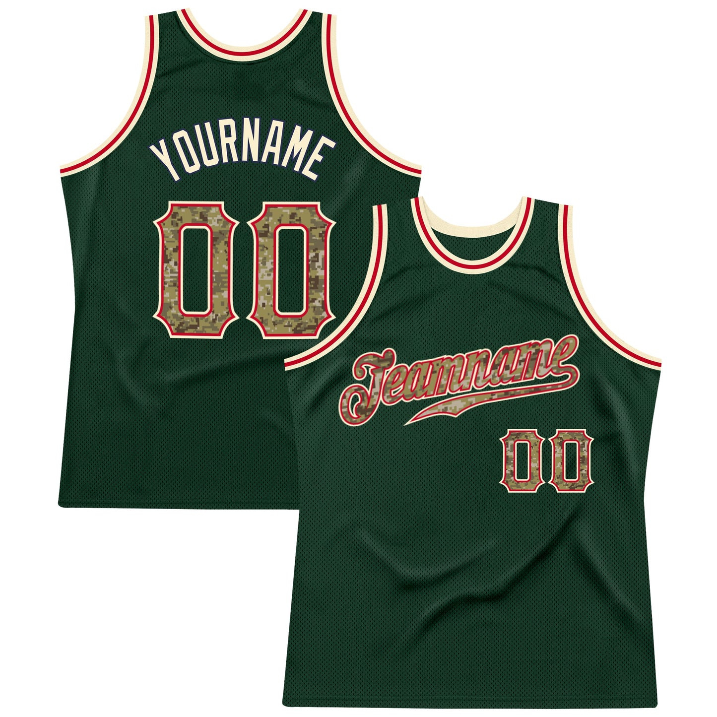 Custom Hunter Green Camo-Cream Authentic Throwback Basketball Jersey - Main View