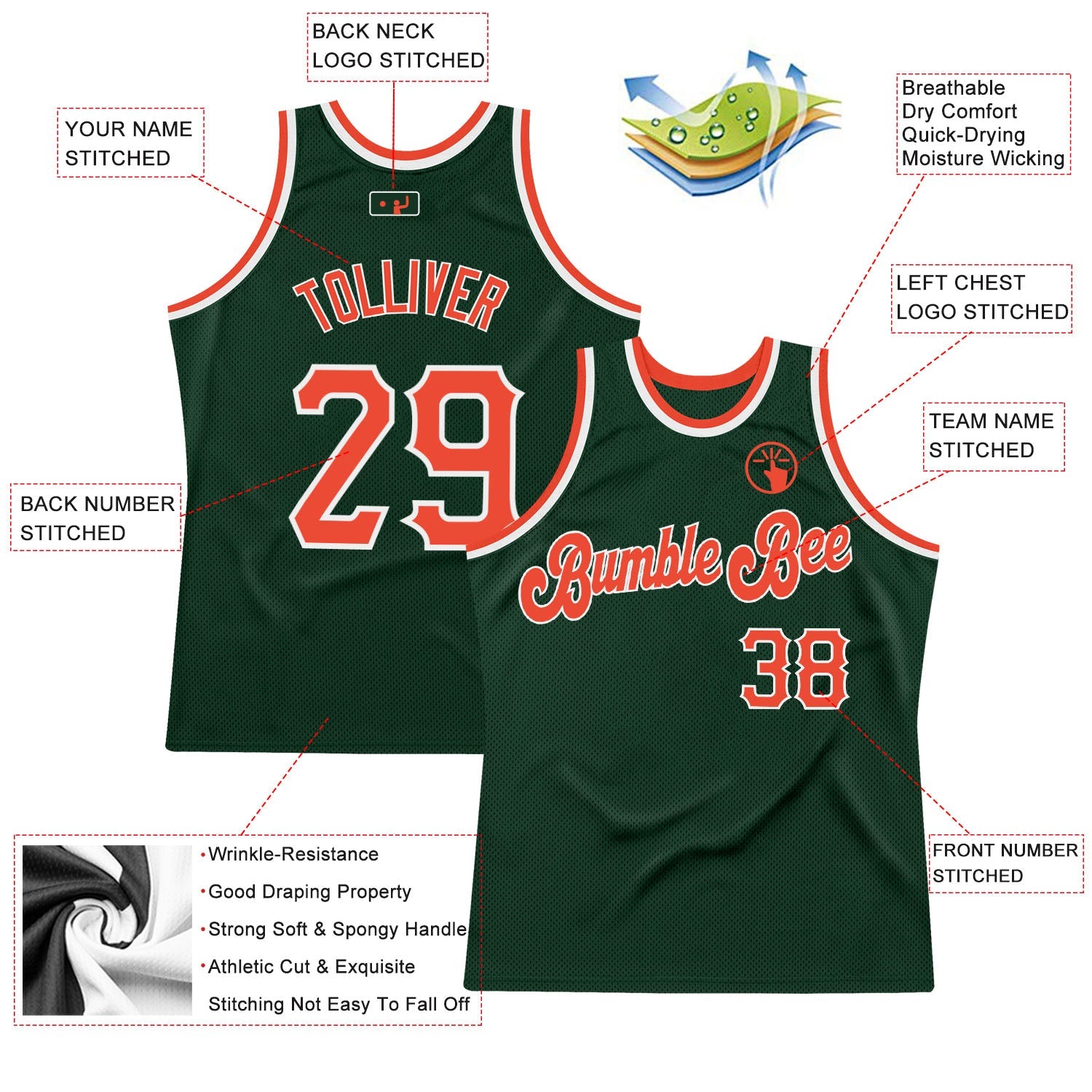 Custom Hunter Green Orange-White Authentic Throwback Basketball Jersey view 2