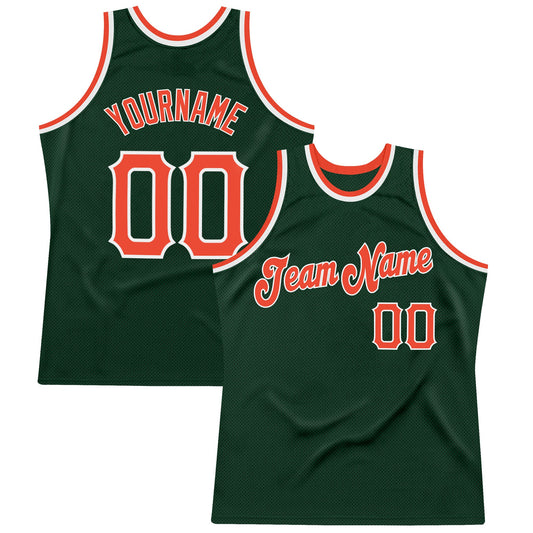 Custom Hunter Green Orange-White Authentic Throwback Basketball Jersey - Main View
