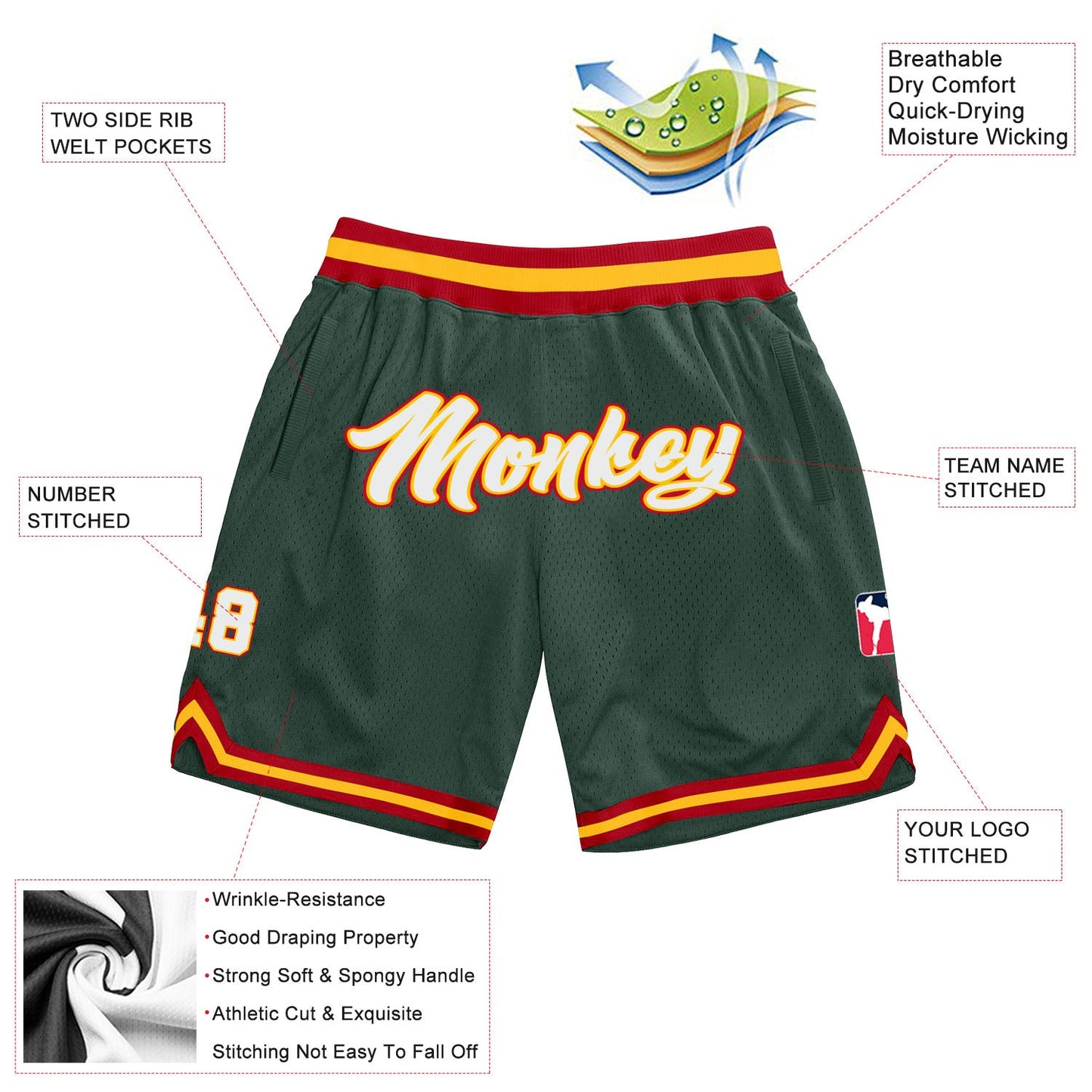 Custom Hunter Green White-Red Authentic Throwback Basketball Shorts view 2