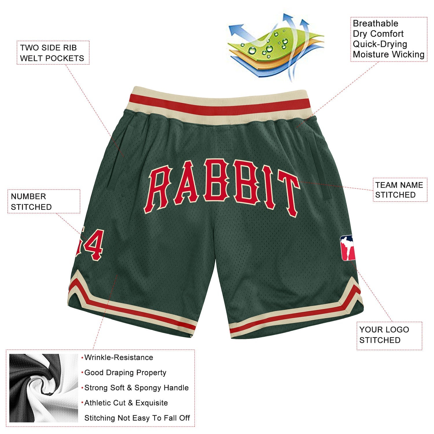 Custom Hunter Green Red-Cream Authentic Throwback Basketball Shorts view 2