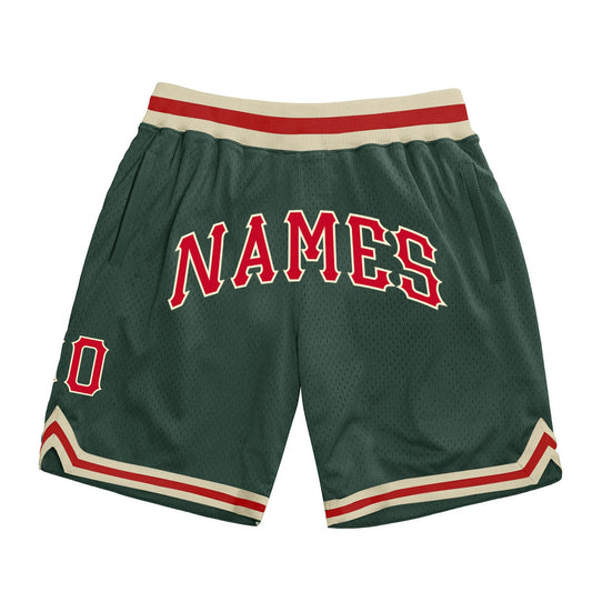 Custom Hunter Green Red-Cream Authentic Throwback Basketball Shorts - Main View