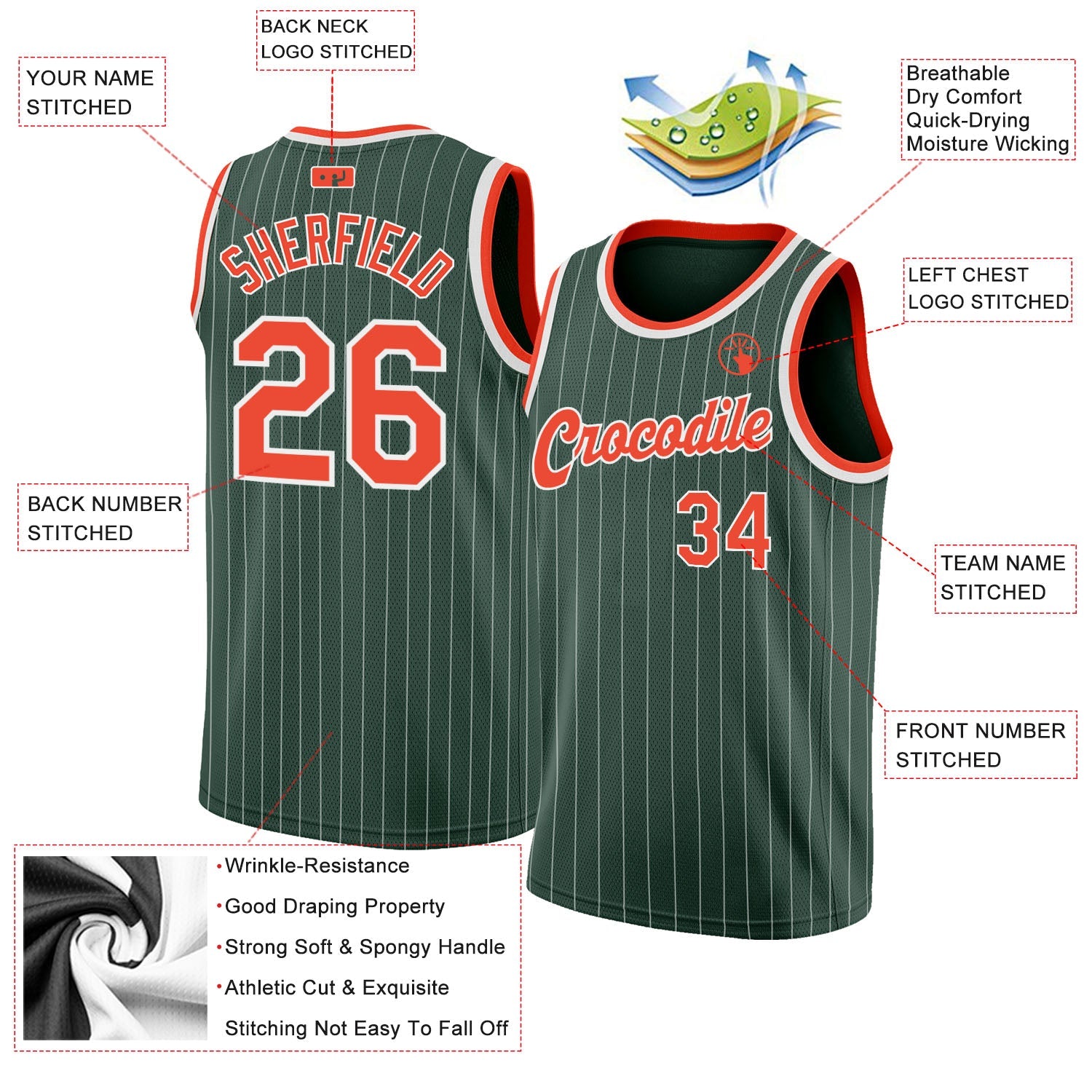 Custom Hunter Green White Pinstripe Orange-White Authentic Basketball Jersey view 2