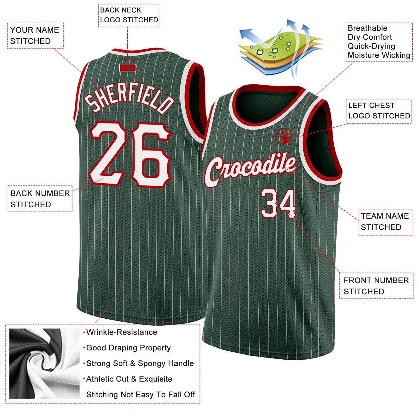 Custom Hunter Green White Pinstripe White-Red Authentic Basketball Jersey view 2