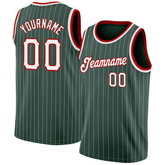 Custom Hunter Green White Pinstripe White-Red Authentic Basketball Jersey - Main View