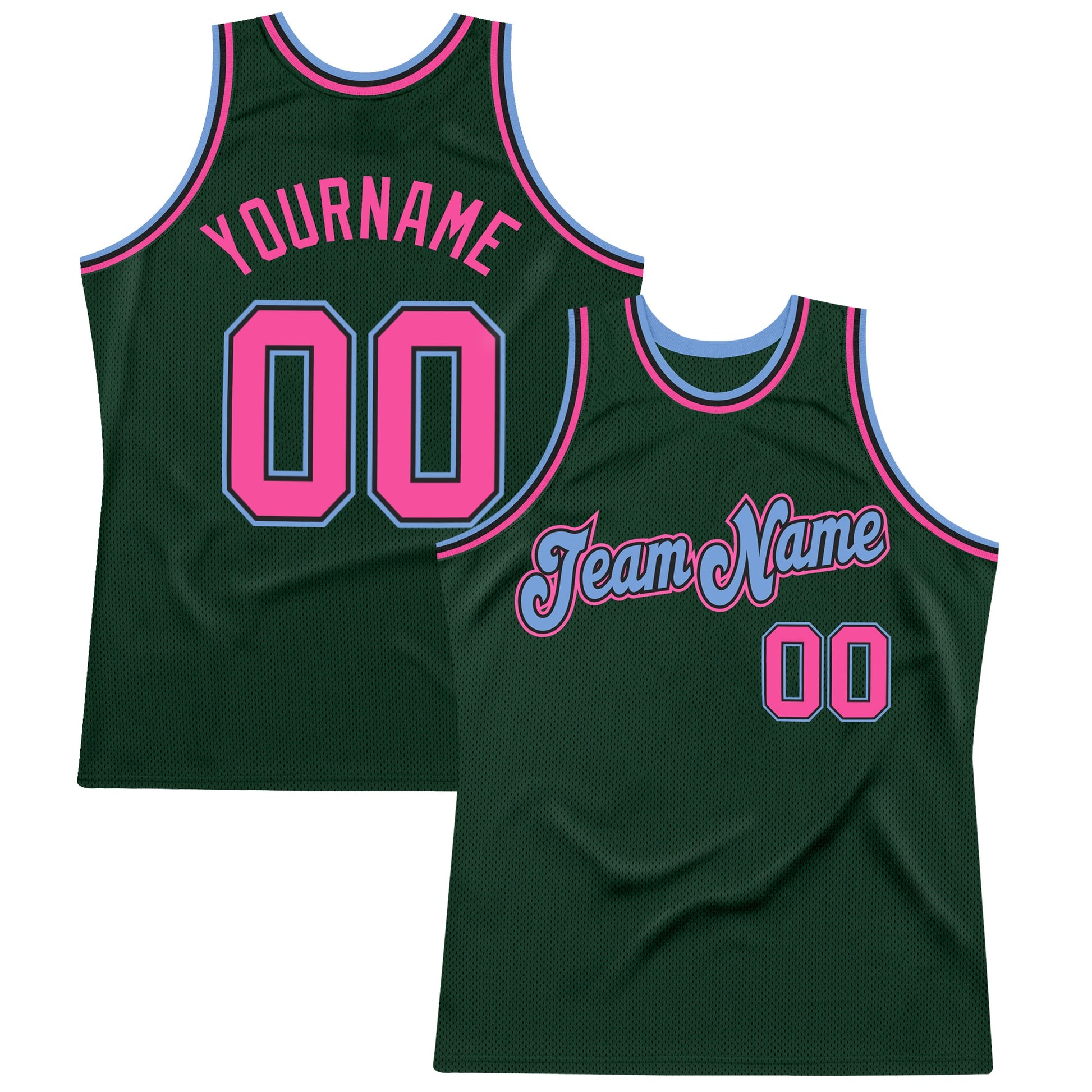 Custom Hunter Green Pink-Light Blue Authentic Throwback Basketball Jersey - Main View