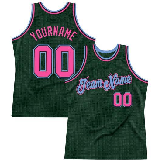 Custom Hunter Green Pink-Light Blue Authentic Throwback Basketball Jersey - Main View