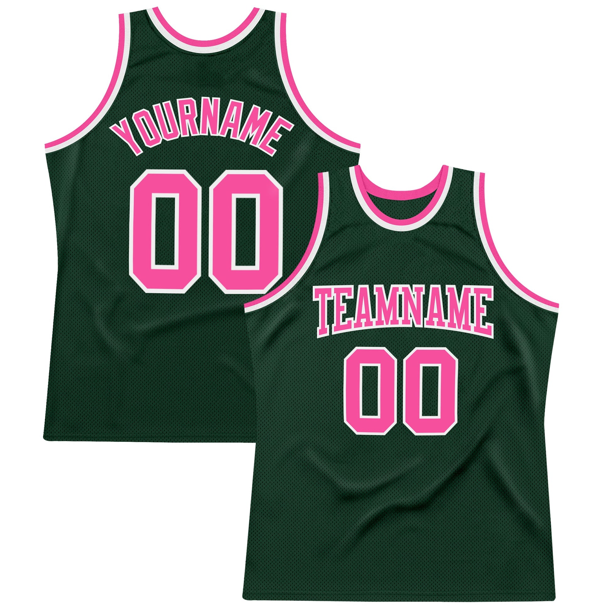 Custom Hunter Green Pink-White Authentic Throwback Basketball Jersey - Main View