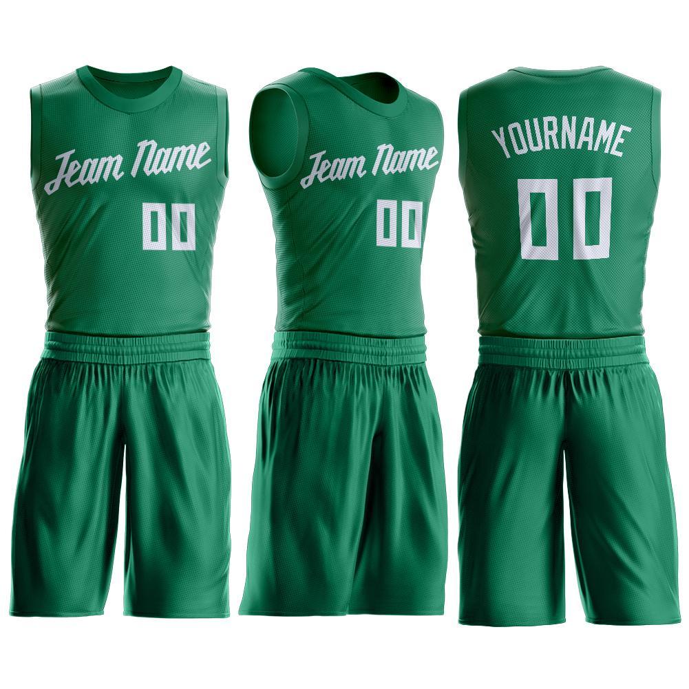 Custom Kelly Green White Round Neck Basketball Uniform Jersey view 2