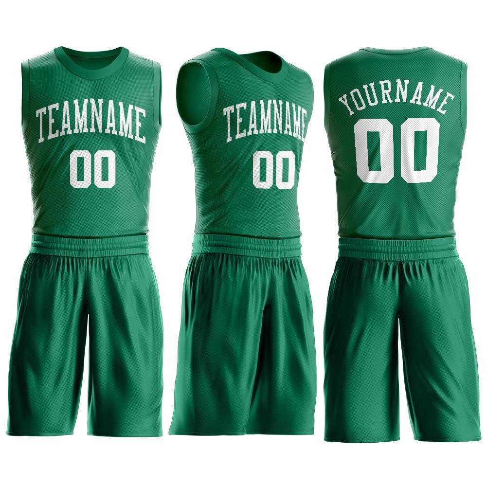 Custom Kelly Green White Round Neck Basketball Uniform Jersey view 2