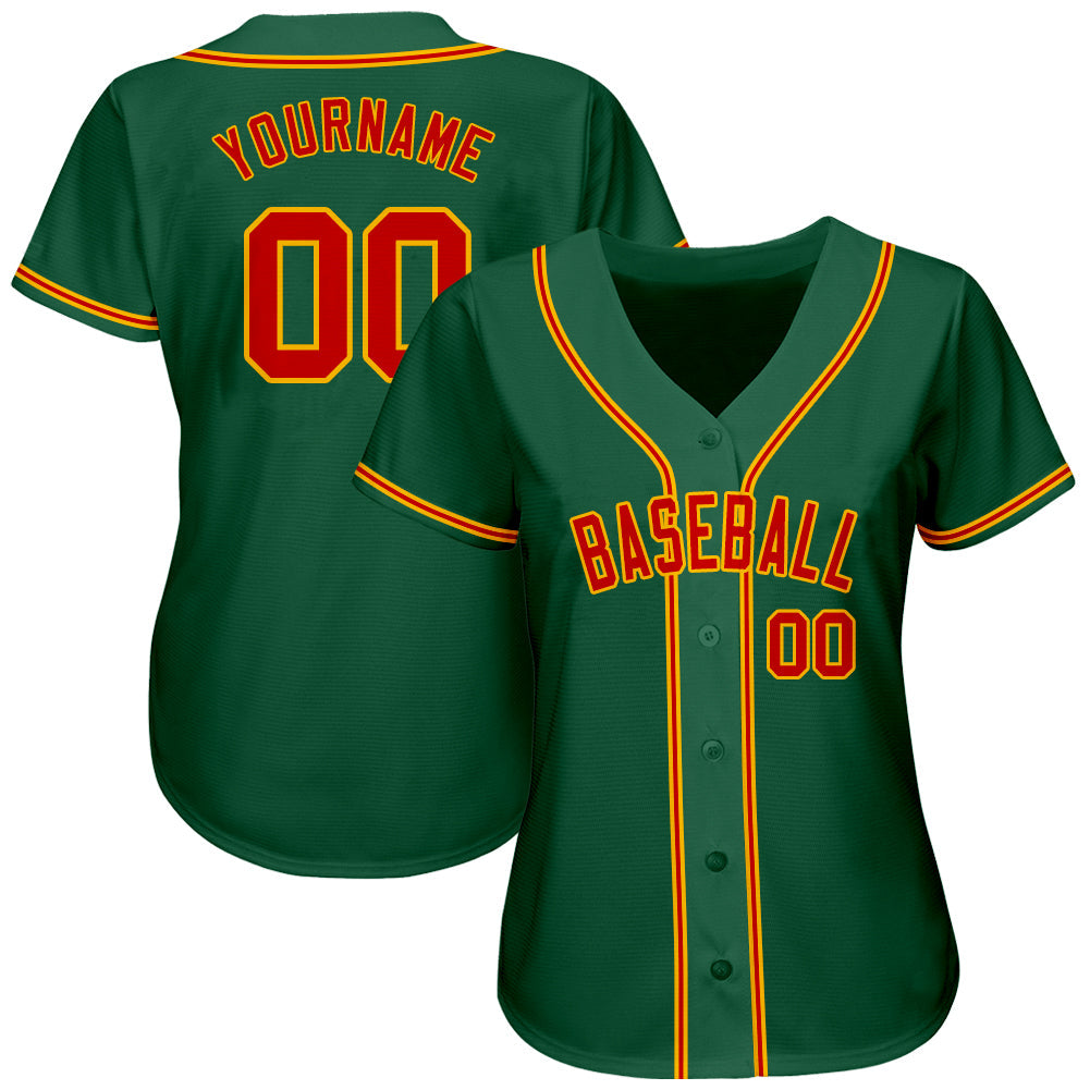 Custom Kelly Green Red-Gold Authentic Baseball Jersey view 2