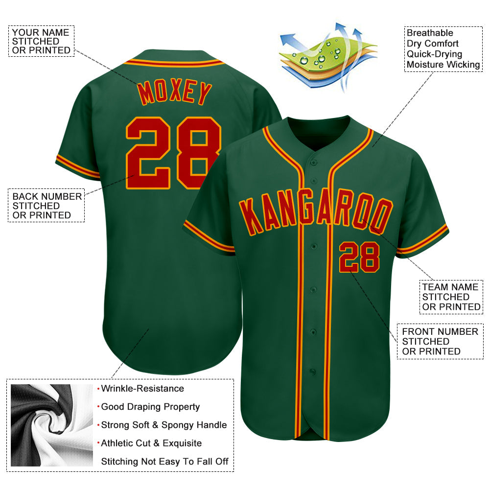 Custom Kelly Green Red-Gold Authentic Baseball Jersey view 3